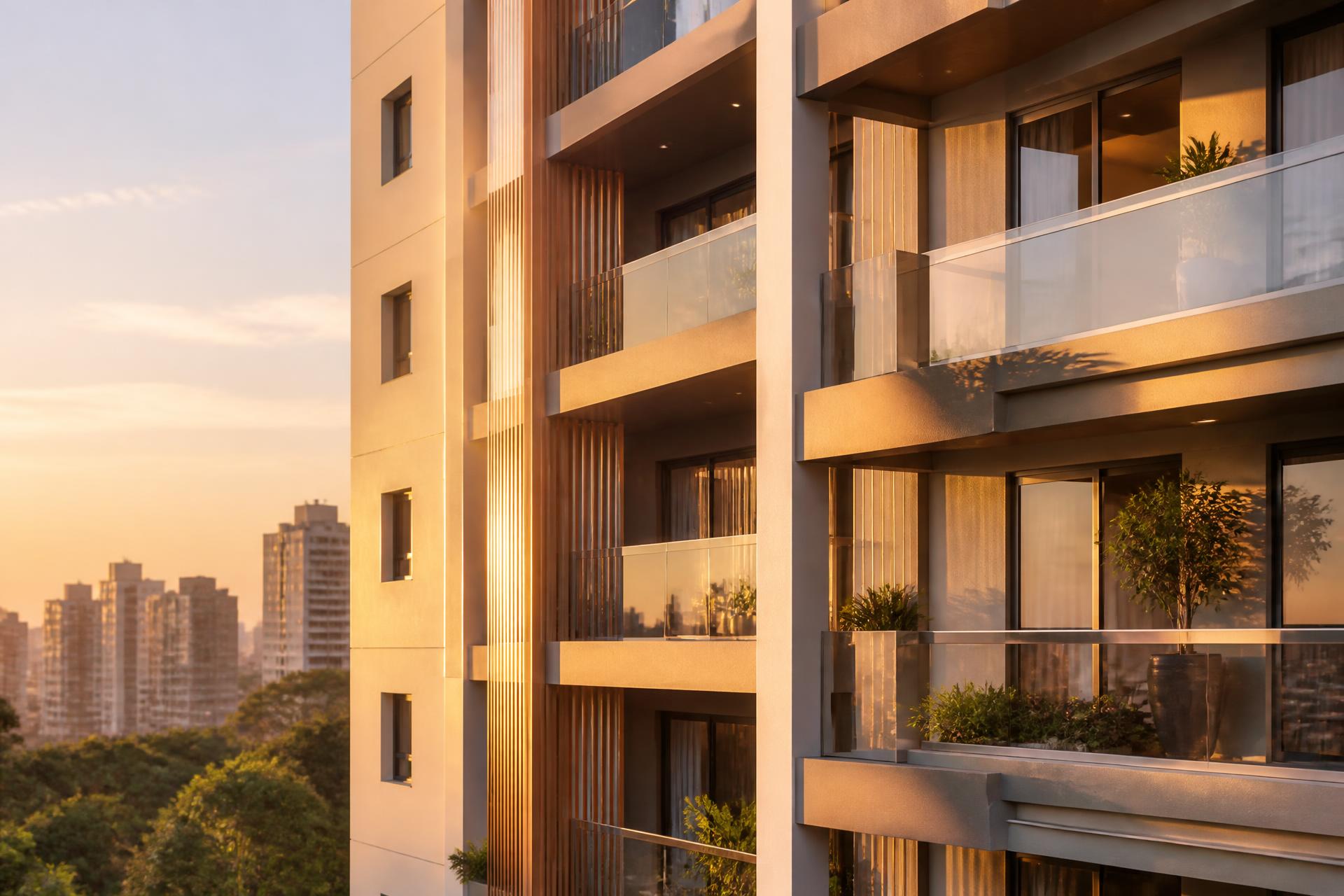 Fachada de edifício residencial moderno em Anápolis ao entardecer